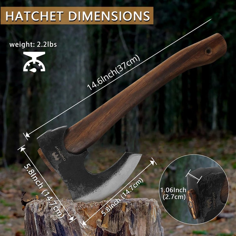 DWFKHT 14.6" Hatchet, Camping Hatchet with Leather Sheath, Bushcraft Axe with 1065 Carbon Steel & Beech Handle, Survival Axe for Wood Splitting and Chopping - Perfect for Gardening and Outdoor - Image 2